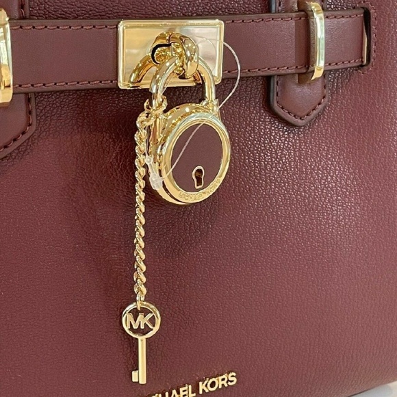 Michael Kors Hamilton Small Leather Satchel Key Lock Crossbody Bag (Merlot) - Picture 5 of 7